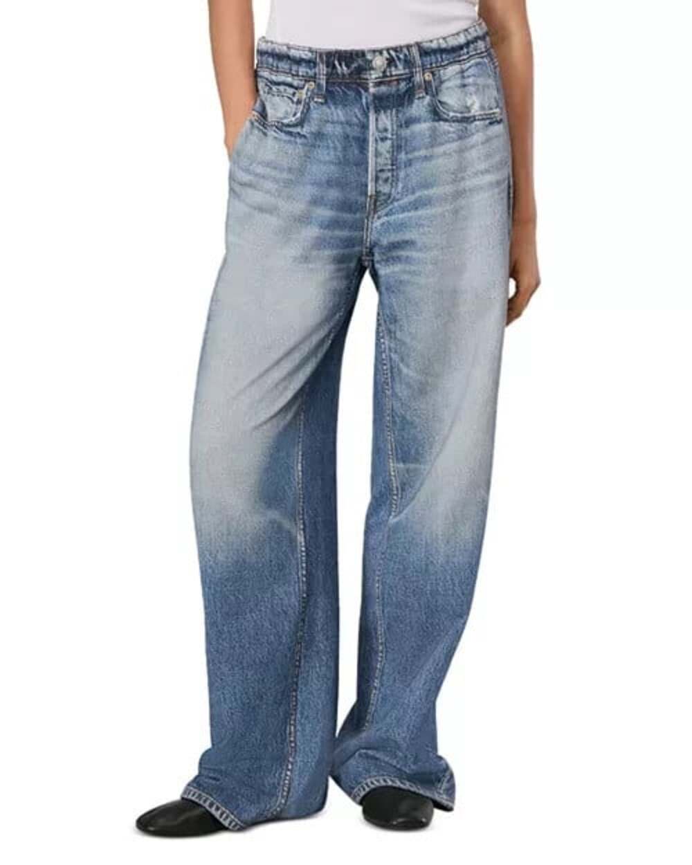 Rag & Bone Women's Medium Blue Denim Print Miramar Mid-Rise Wide Leg Crop Pants